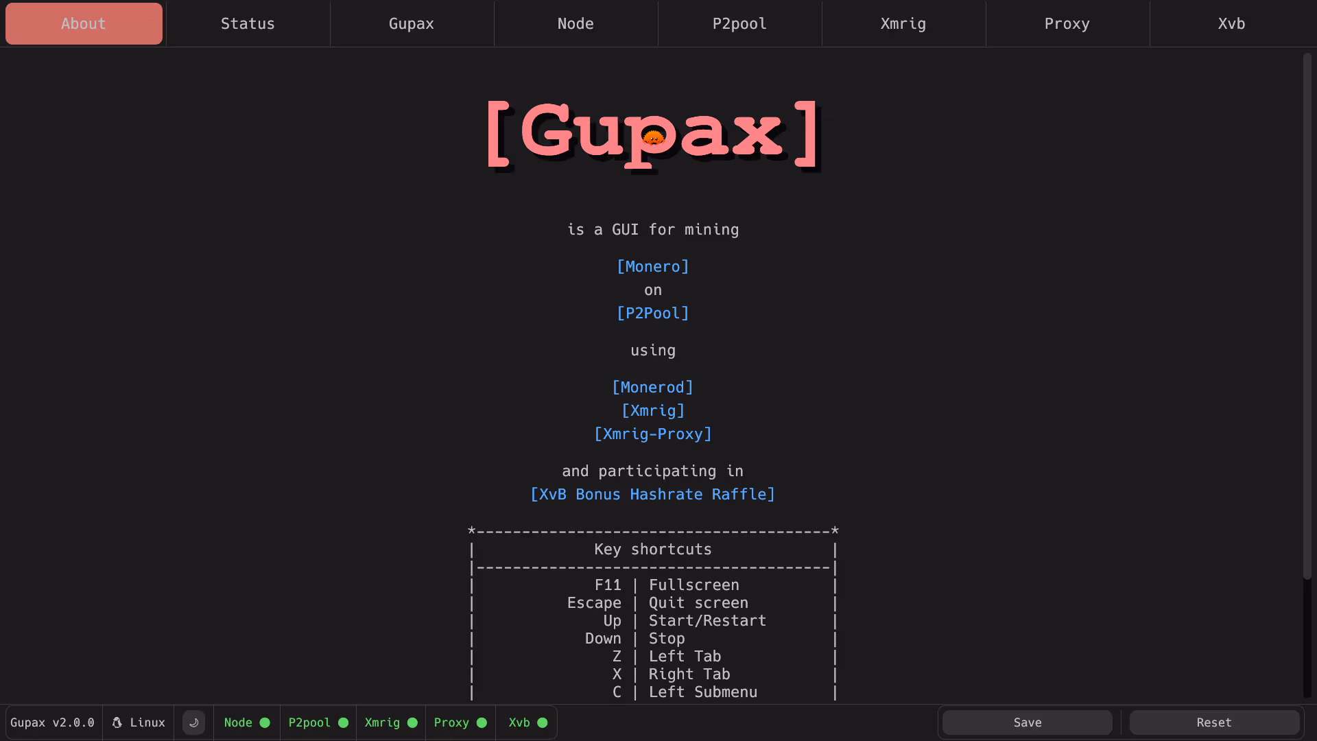 Gupax window showing P2Pool and XMRig status